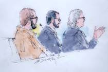 In this courtroom sketch defendant Alexander Smirnov, left, listens as his lawyer, David Chesno ...
